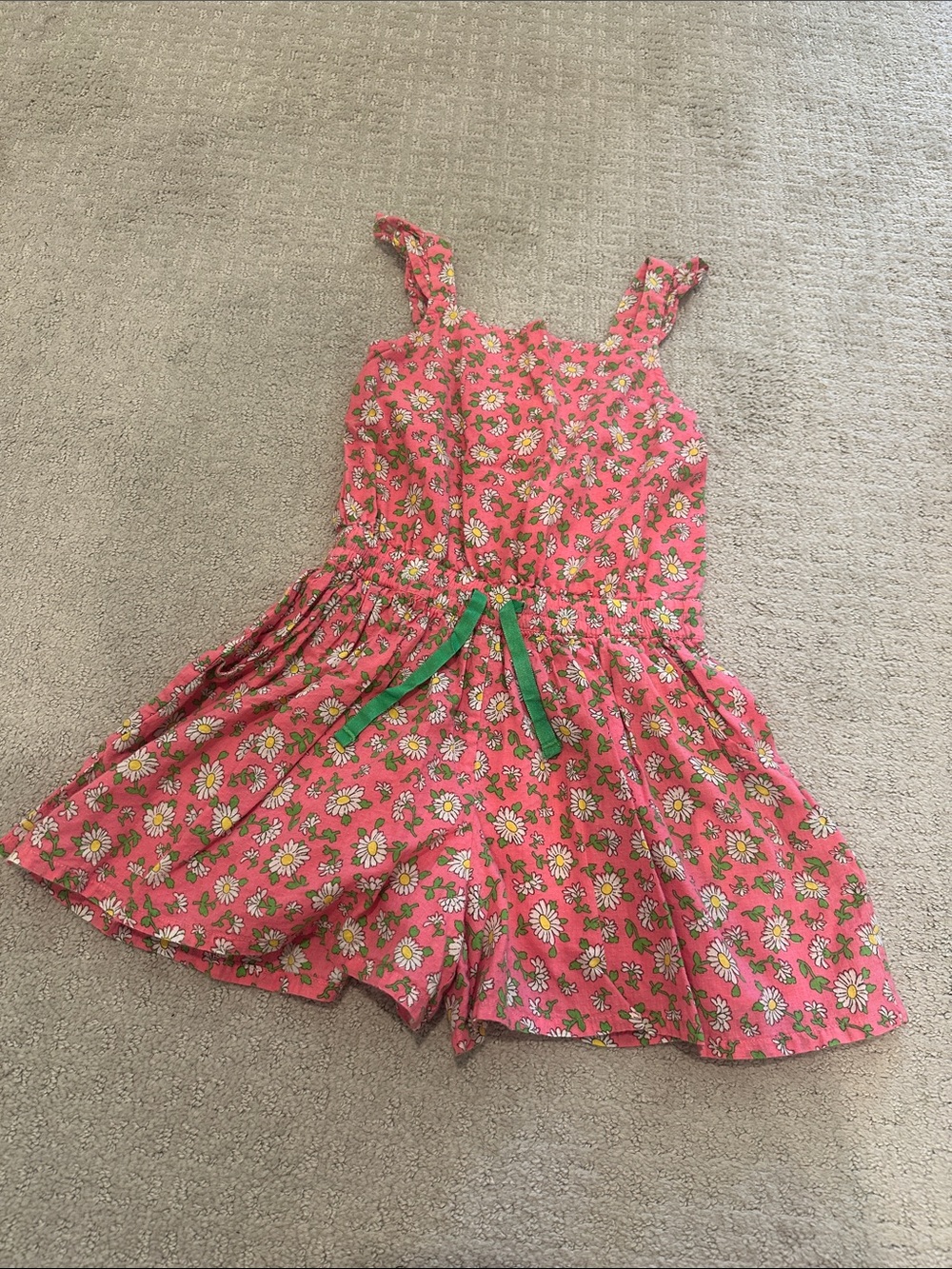 Mini Boden Pink Floral Romper with Green Waist Tie size 5-6Y